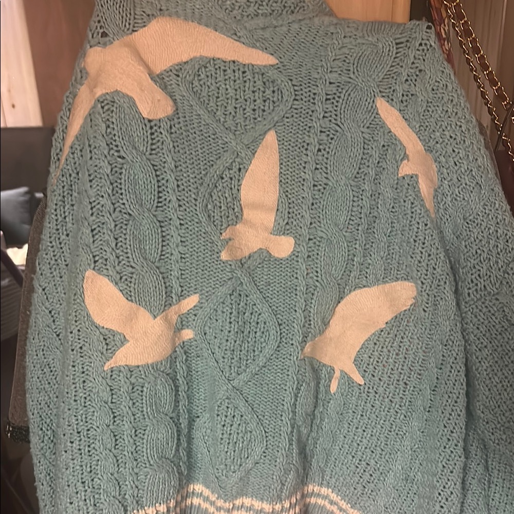 Blue Cable Knit Sweater with Bird Design